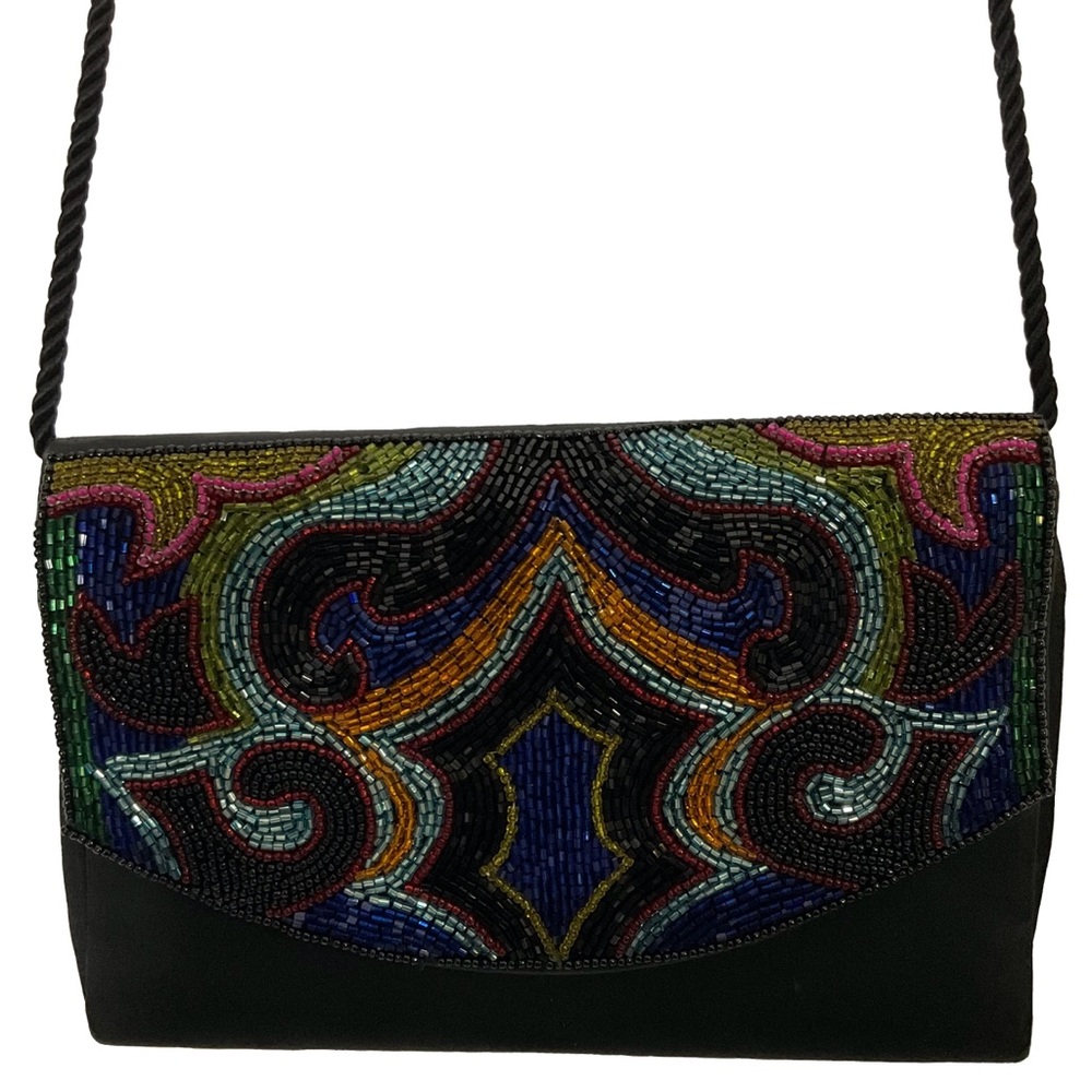 Caparros Elegant Black Multi-Color Beaded Lift Snap Flap Crossbody Bag; Clean